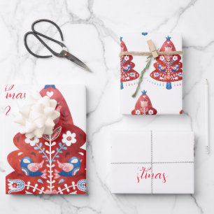 Feuille De Papier Cadeau Arbre de Noël d'art populaire scandinave