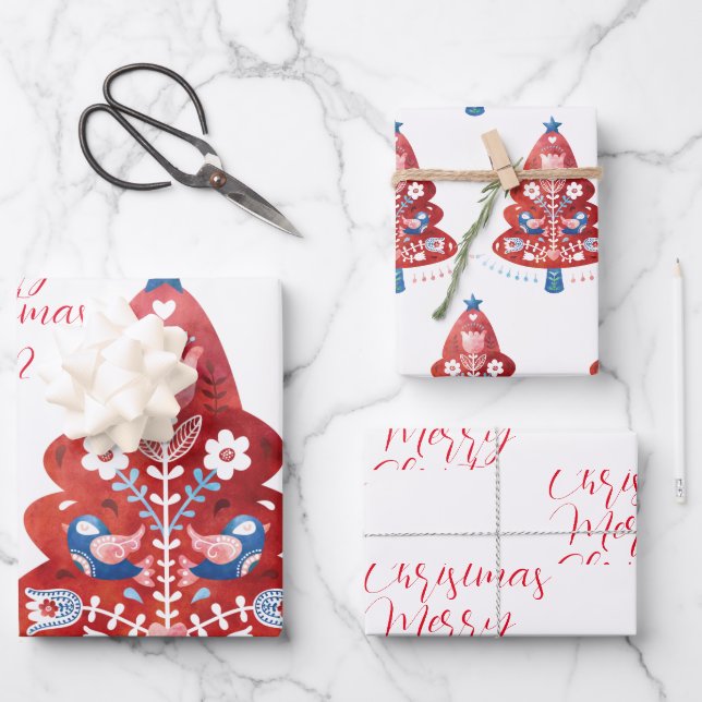 Feuille De Papier Cadeau Arbre de Noël d'art populaire scandinave (Recto)