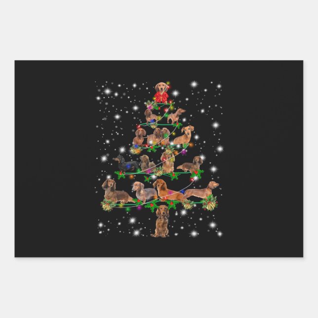 Feuille De Papier Cadeau Arbre De Noël De Dachshund Couvert De Flamme De Fl (Devant)