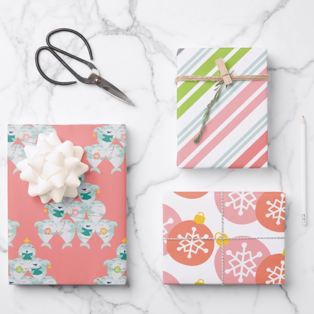 Feuille De Papier Cadeau Arbre de Noël des petits requins (Recto)