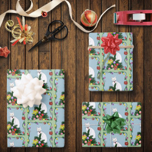 Feuille De Papier Cadeau Arbre de Noël drôle et festif Chat blanc drôle Ver