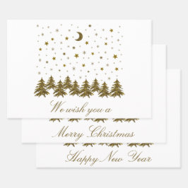 Feuille De Papier Cadeau Arbre de Noël en or brillant, lune, étoiles Noël