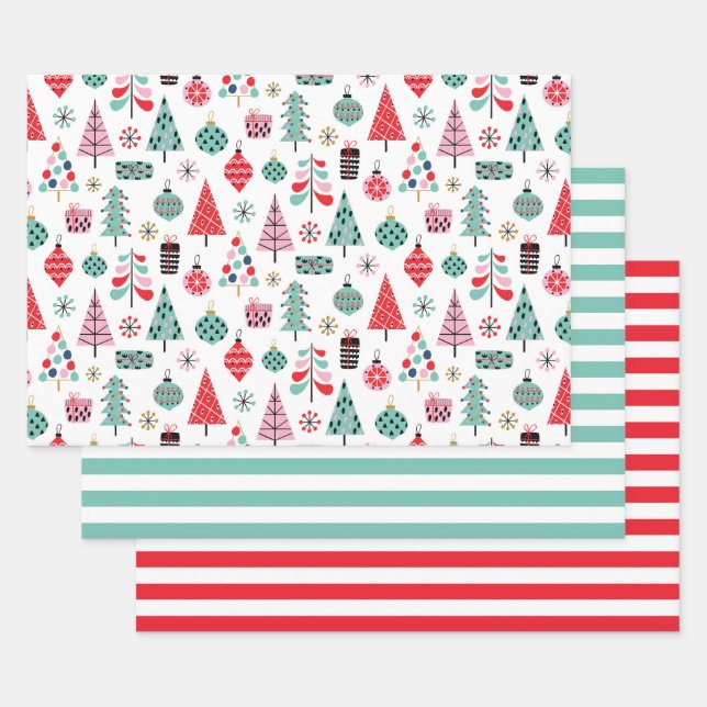 Feuille De Papier Cadeau Arbre de Noël Motif et rayures | Moderne (Lot)