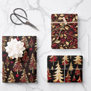 Feuille De Papier Cadeau Arbre de Noël noir, bordeaux et or