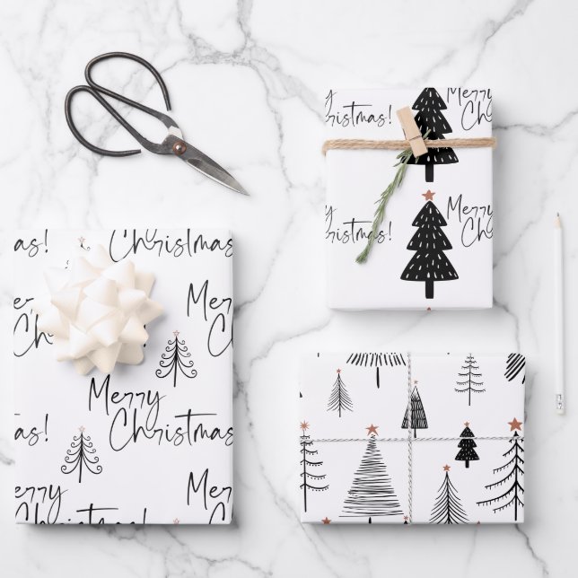 Feuille De Papier Cadeau Arbre de Noël noir et blanc (Recto)