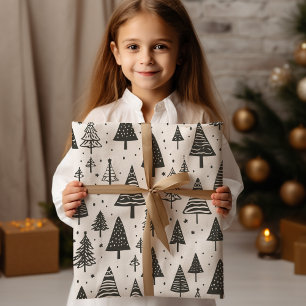 Feuille De Papier Cadeau Arbre de Noël noir et blanc moderne