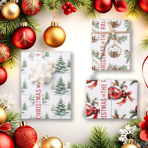 Feuille De Papier Cadeau Arbre de Noël, ornements, souhaits et nom vacances