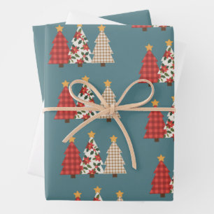 Feuille De Papier Cadeau Arbre de Noël Patchwork Vintage Plaid Rouge Fêtes