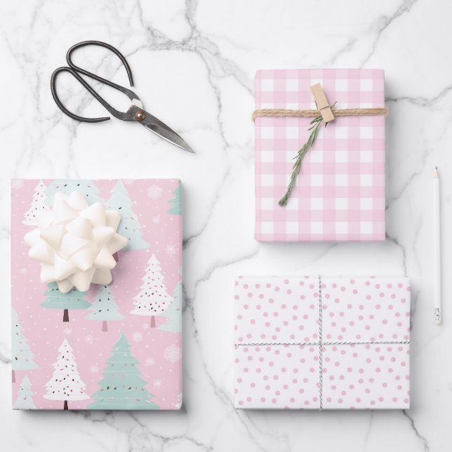 Feuille De Papier Cadeau Arbre de Noël rose (Recto)
