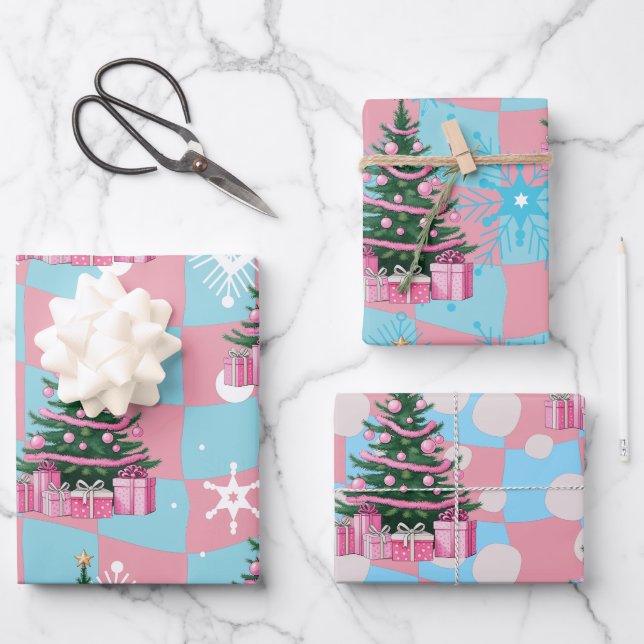 Feuille De Papier Cadeau Arbre de Noël rose (Recto)