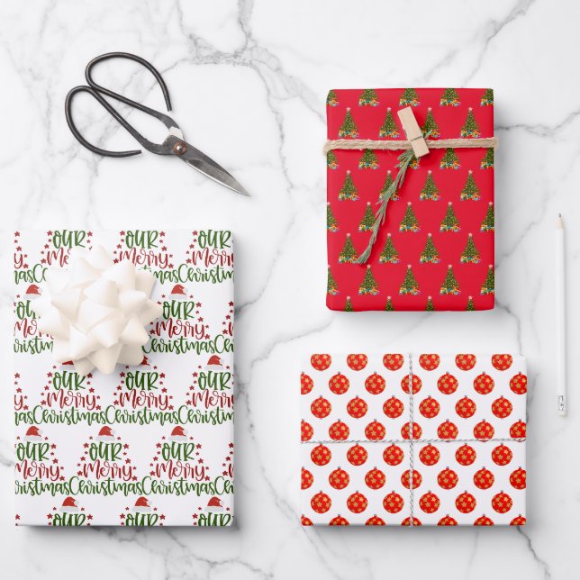 Feuille De Papier Cadeau Arbre de Noël rouge et vert (Recto)