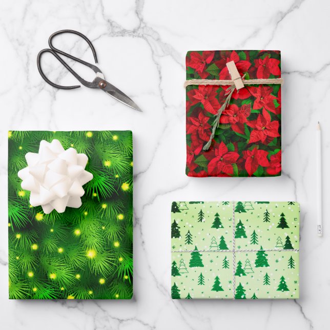 Feuille De Papier Cadeau Arbre de Noël Rouge Poinsettia rouge et vert vacan (Recto)