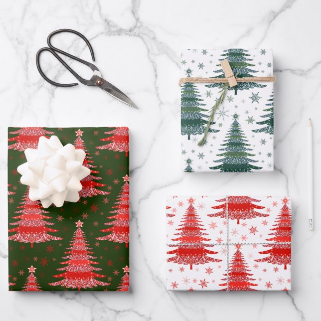Feuille De Papier Cadeau Arbre de Noël Rouge Vert Motif Design (Recto)