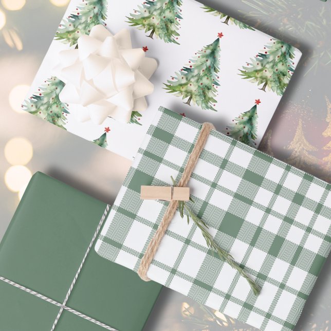 Feuille De Papier Cadeau Arbre de Noël rustique en aquarelle verte (Rustic Green Plaid Watercolor Christmas Tree Wrapping Paper Sheets
)