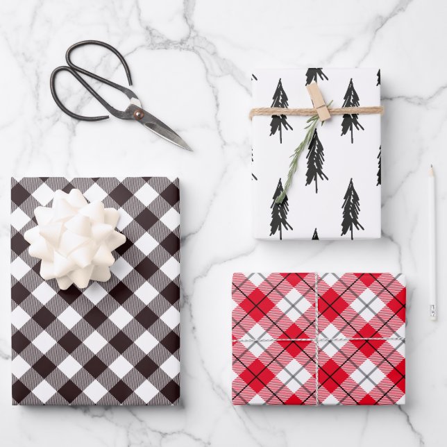 Feuille De Papier Cadeau Arbre de Noël Rustique Flannel (Recto)