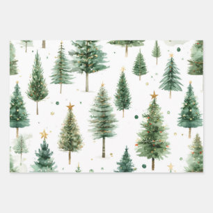 Feuille De Papier Cadeau Arbre de Noël vert aquarelle moderne
