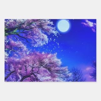 Feuille De Papier Cadeau Arbre de printemps, lune, ciel bleu.