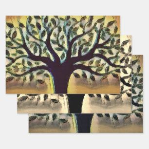 Feuille De Papier Cadeau Arbre face jaune paysage aquarelle