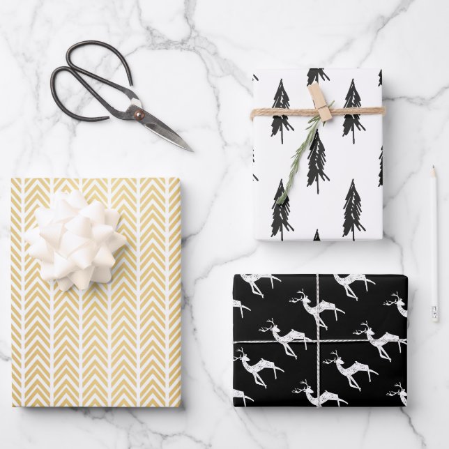Feuille De Papier Cadeau Arbres À feuillage persistant des rennes de Noël n (Recto)