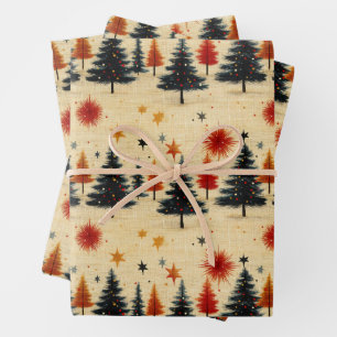 Feuille De Papier Cadeau Arbres de Noël et étoiles