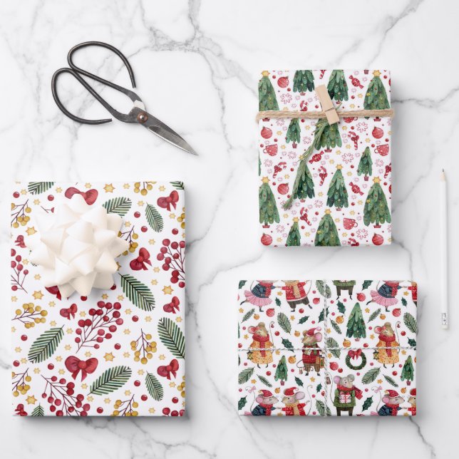 Feuille De Papier Cadeau Arbres de Noël et souris (Recto)