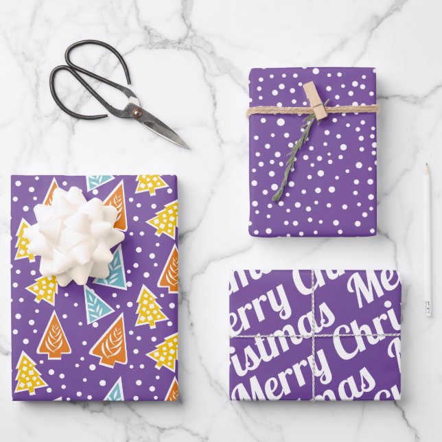 Feuille De Papier Cadeau Arbres de Noël "Joyeux Noël" neige pourpre (Recto)