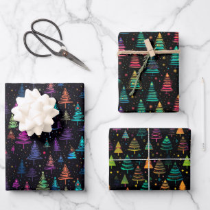 Feuille De Papier Cadeau Arbres de Noël modernes et colorés