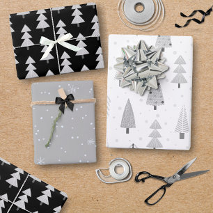 Feuille De Papier Cadeau Arbres de Noël modernes Motif gris argent noir