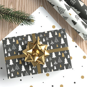 Feuille De Papier Cadeau Arbres de Noël modernes Or et Motif gris