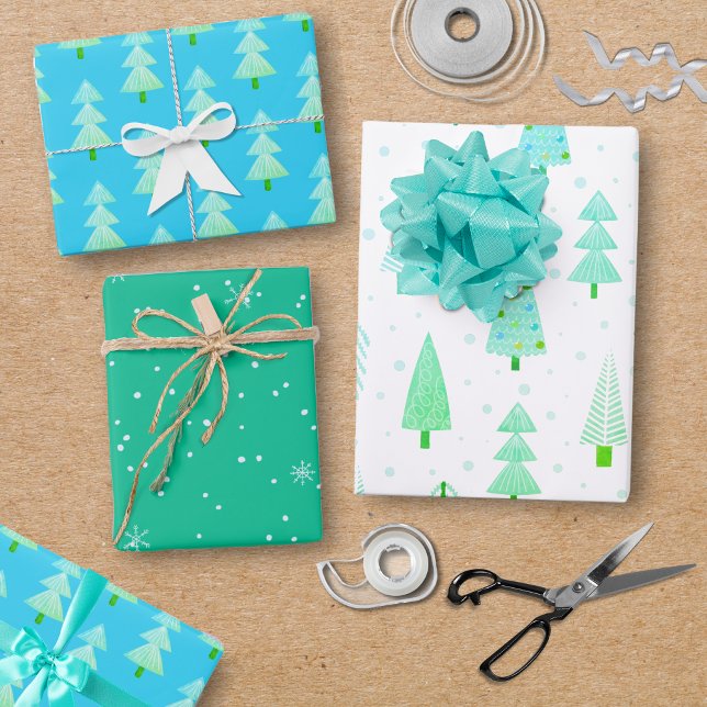 Feuille De Papier Cadeau Arbres de Noël modernes Turquoise Blue Motif Trio (Créateur téléchargé)