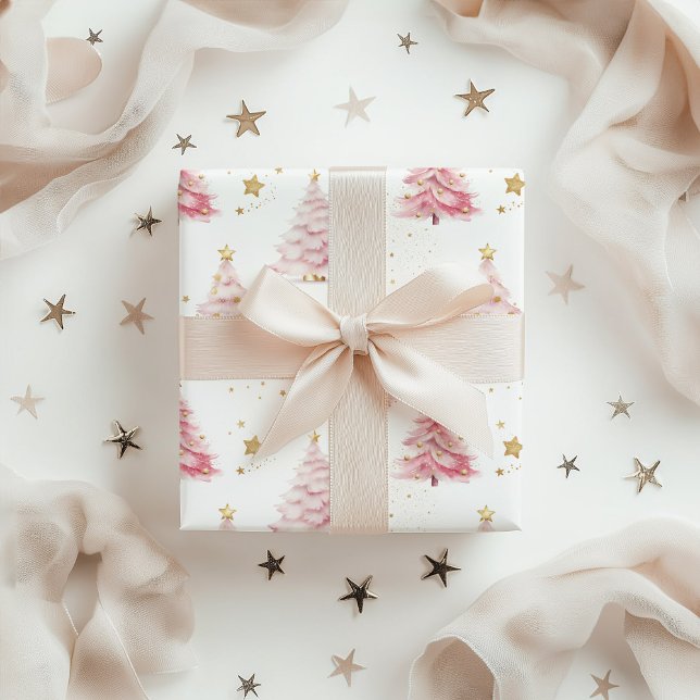 Feuille De Papier Cadeau Arbres de Noël roses (Pink Christmas Trees Wrapping Paper)