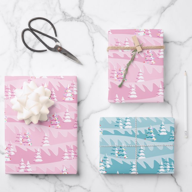 Feuille De Papier Cadeau Arbres de Noël roses et Turquoises (Recto)