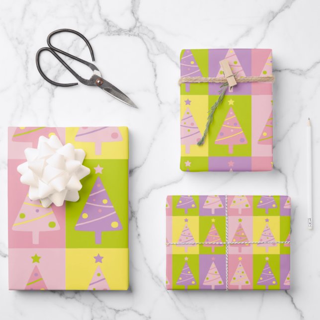 Feuille De Papier Cadeau Arbres de Noël roses mignons (Recto)