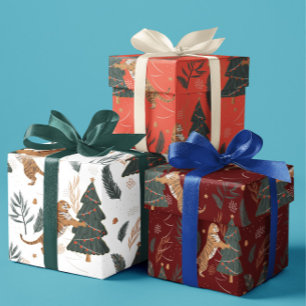Feuille De Papier Cadeau Arbres de Noël & tigres motif personnalisé arrière