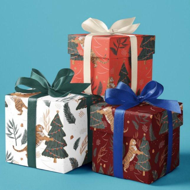 Feuille De Papier Cadeau Arbres de Noël & tigres motif personnalisé arrière (Créateur téléchargé)