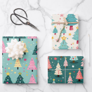 Feuille De Papier Cadeau Arbres de Noël turquoises roses