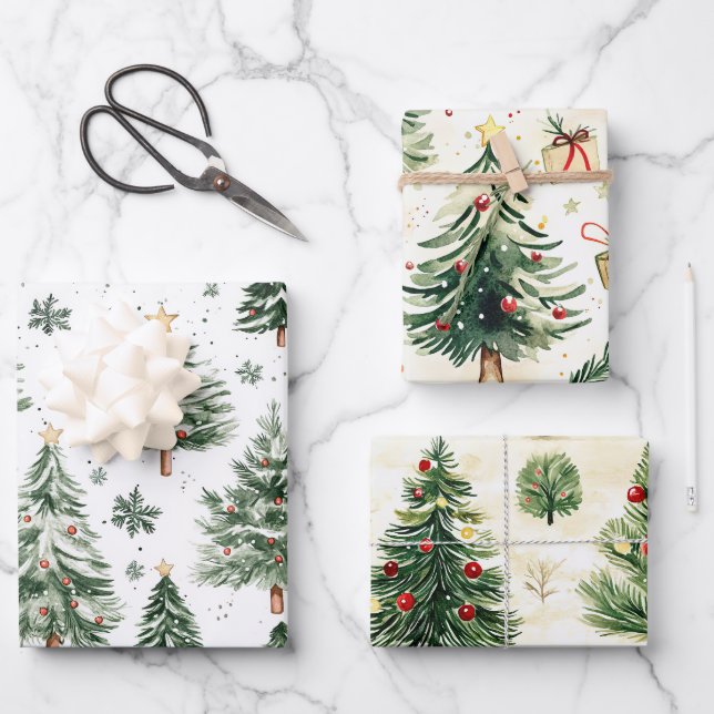 Feuille De Papier Cadeau Arbres de pin de Noël Whimsical (Recto)