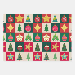 Feuille De Papier Cadeau Arbres Ornements et étoiles Carré