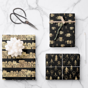 Feuille De Papier Cadeau Arbres urbains en or noir Neige