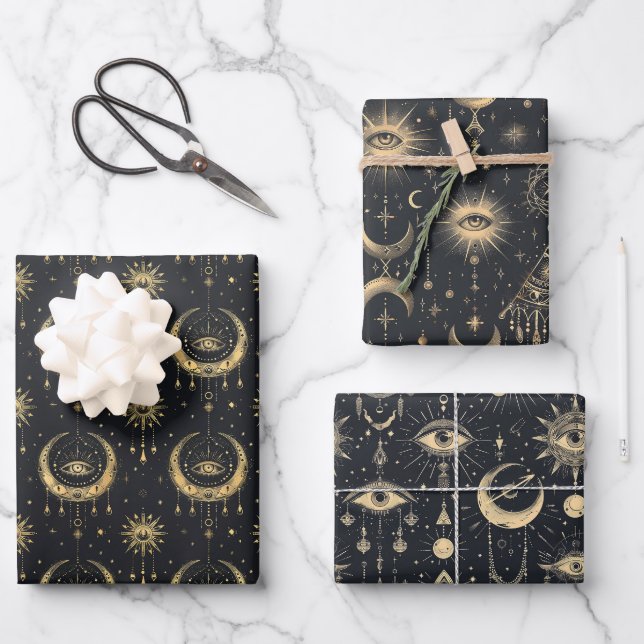 Feuille De Papier Cadeau Arcane mystique gothique Or noir (Recto)