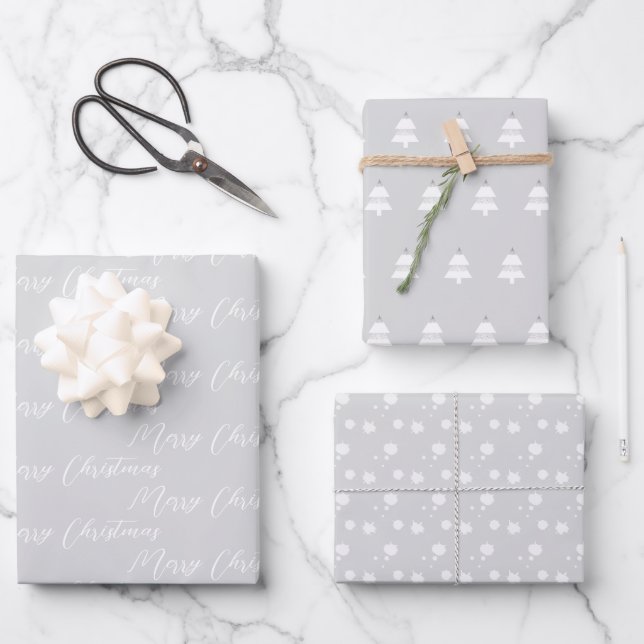 Feuille De Papier Cadeau Argent et arbre de Noël blanc moderne (Recto)