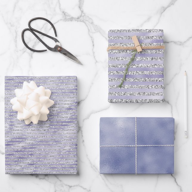 Feuille De Papier Cadeau Argent violet rayures de Parties scintillant (Recto)