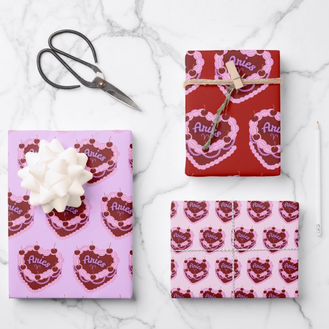 Feuille De Papier Cadeau Aries Zodiac Coquette Coeur Anniversaire Gâteau (Recto)
