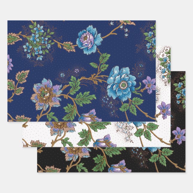 Feuille De Papier Cadeau Arrière - plan floral-noir, blanc et bleu (Lot)