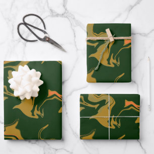Feuille De Papier Cadeau Art Abstrait Terrien en Vert et Brun Doré