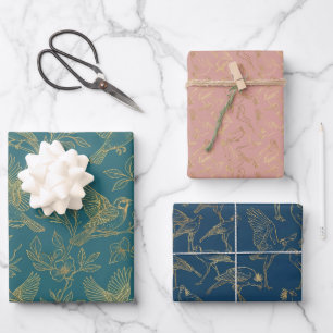 Feuille De Papier Cadeau Art Déco filigrane d'or Ensemble d'oiseaux Nordi