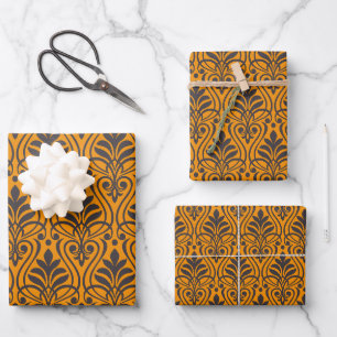 Feuille De Papier Cadeau Art Déco Motif 01 - Déco Noir sur Vivid Gamboge