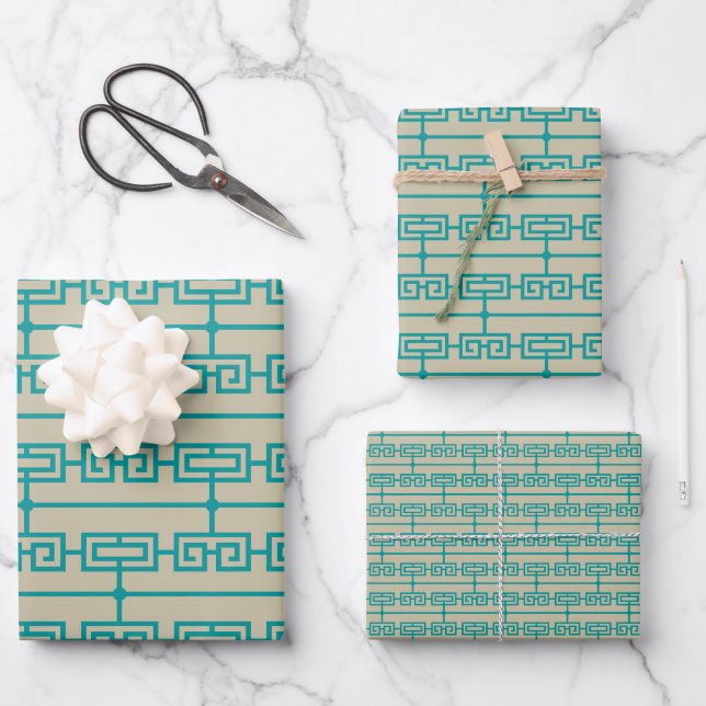 Feuille De Papier Cadeau Art Déco Motif 09 - Turquoise sur Off-White (Recto)