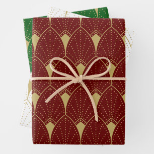 Feuille De Papier Cadeau Art Déco Or Motif sans coutures et vert
