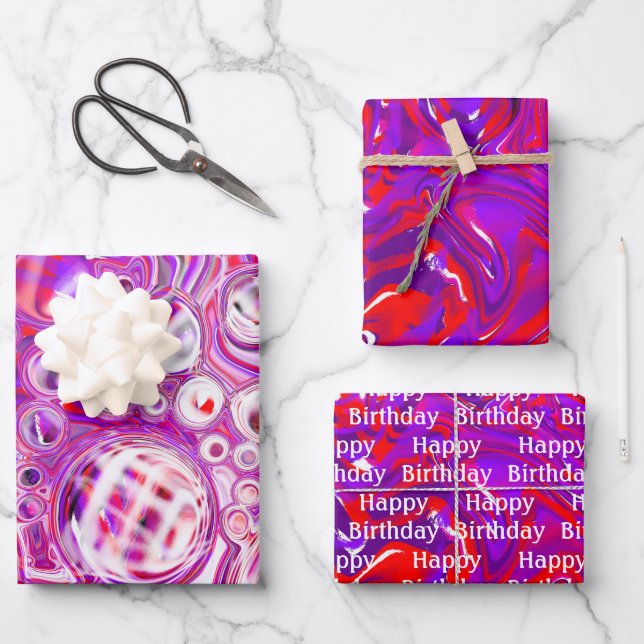 Feuille De Papier Cadeau Art des fluides rouges et violets (Recto)